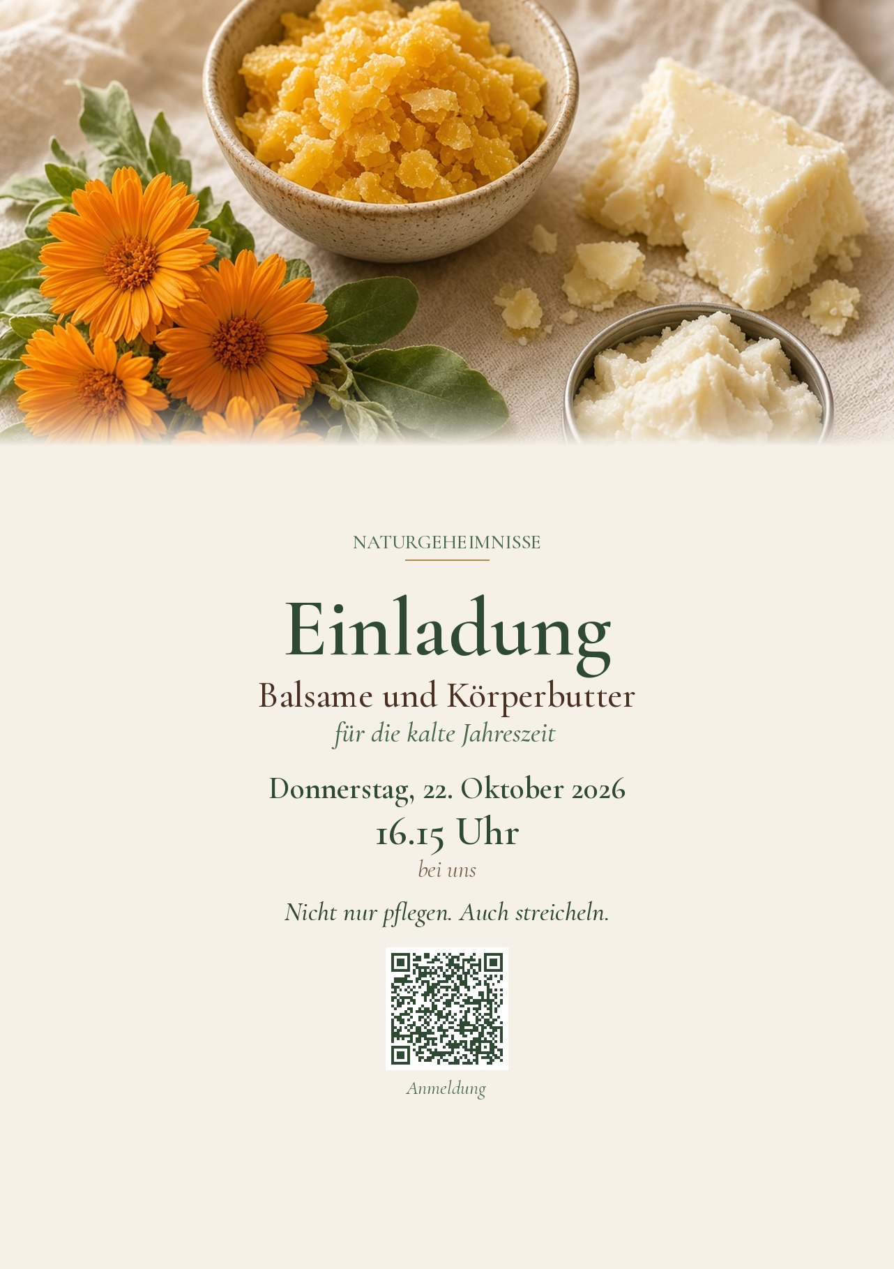Einladungsflyer: Balsame und Körperbutter für die kalte Jahreszeit – 22. Oktober 2026 in Bad Breisig